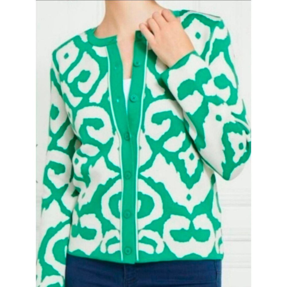 🔸️Gallery Green & Cream Abstract Print Lightweight Buttoned Sweater Medium